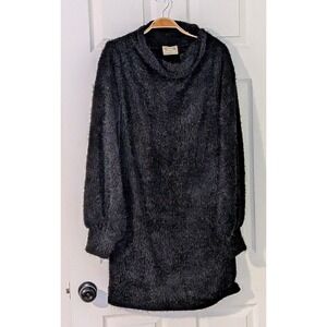 Mia Joy Joyfolie Sweater Dress Black Fuzzy Knit Cowl Neck Long‎ Medium Cozy NWOT